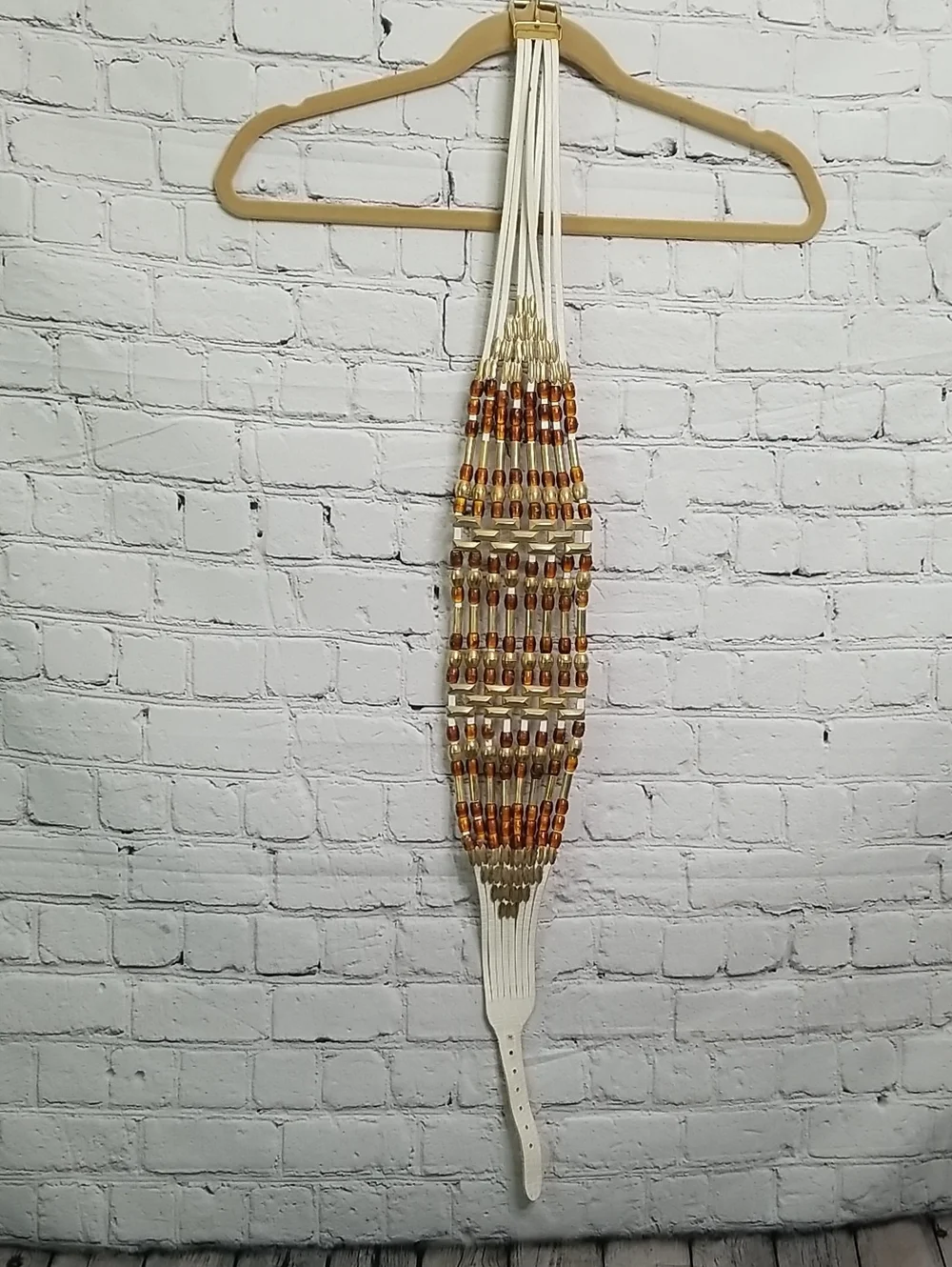 White Leather Belt Small Gold Spacers Brown Beads